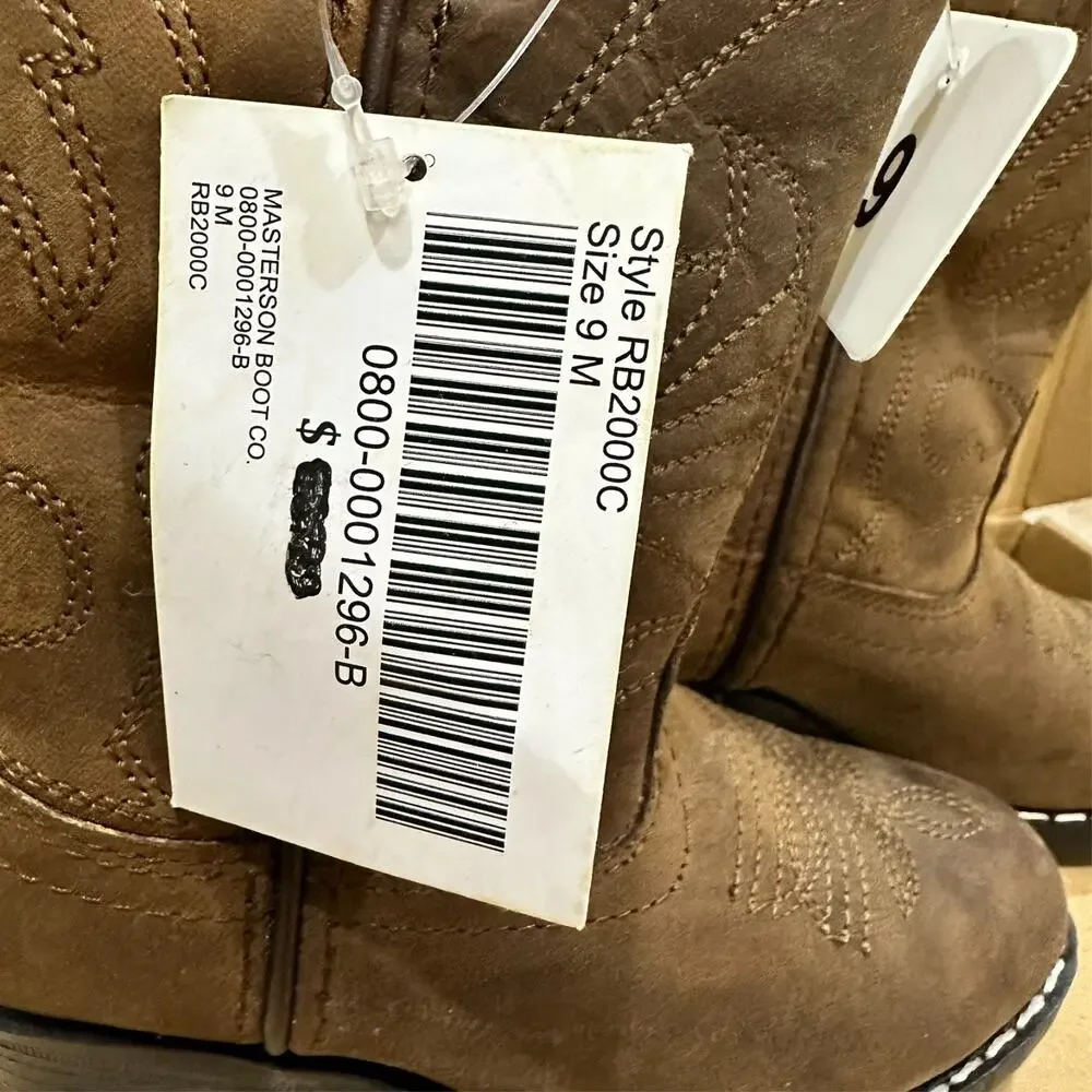 Masterson Boots Kids Leather Western Cowboy Almond Toe Size 9 RB2000C Brown NEW
